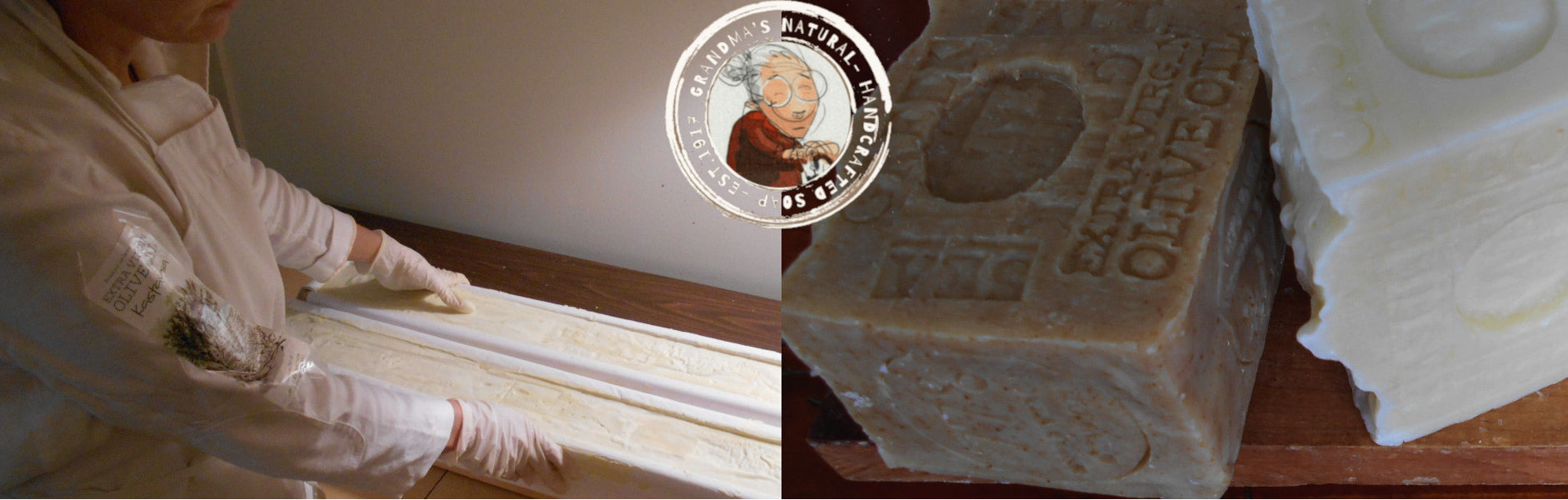 Person applying white material to a surface with a logo in the corner, followed by a close-up of soap bars on a wooden board.