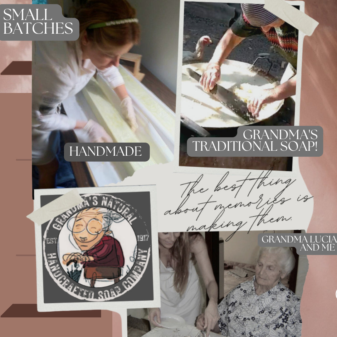 Collage of images featuring handmade soap making and branding with 'Small Batches' and 'Grandma's Natural'.