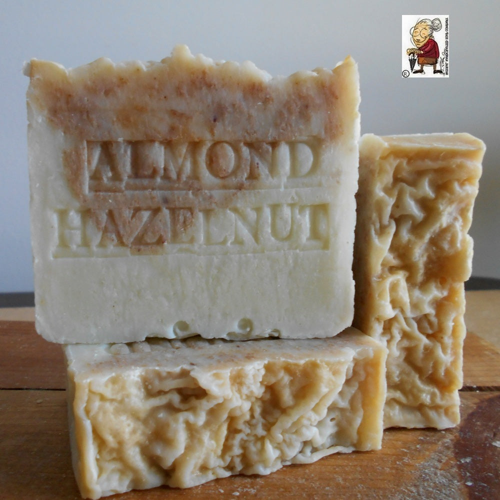   Almond and Hazelnut Handmade Soap     Natural Almond and Hazelnut oils for all skin types, almond oil is created by the pressing of almond nuts. This oil is used to help relieve dry, itchy skin. 