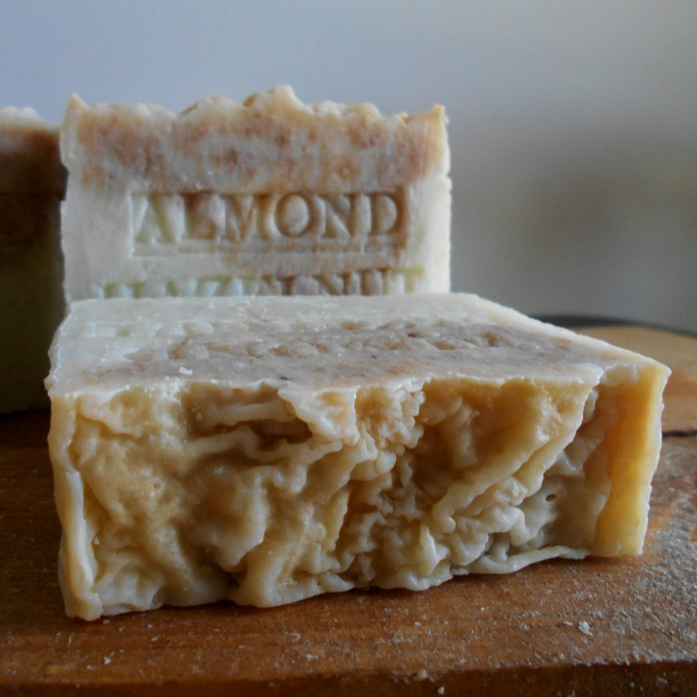   Almond and Hazelnut Handmade Soap     Natural Almond and Hazelnut oils for all skin types, almond oil is created by the pressing of almond nuts. This oil is used to help relieve dry, itchy skin. 