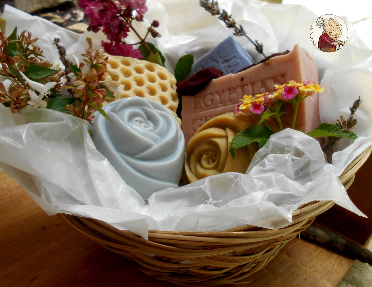 basket with organic and natural soaps