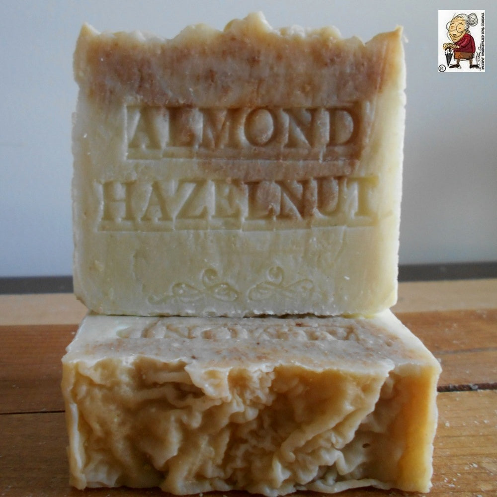   Almond and Hazelnut Handmade Soap     Natural Almond and Hazelnut oils for all skin types, almond oil is created by the pressing of almond nuts. This oil is used to help relieve dry, itchy skin. 