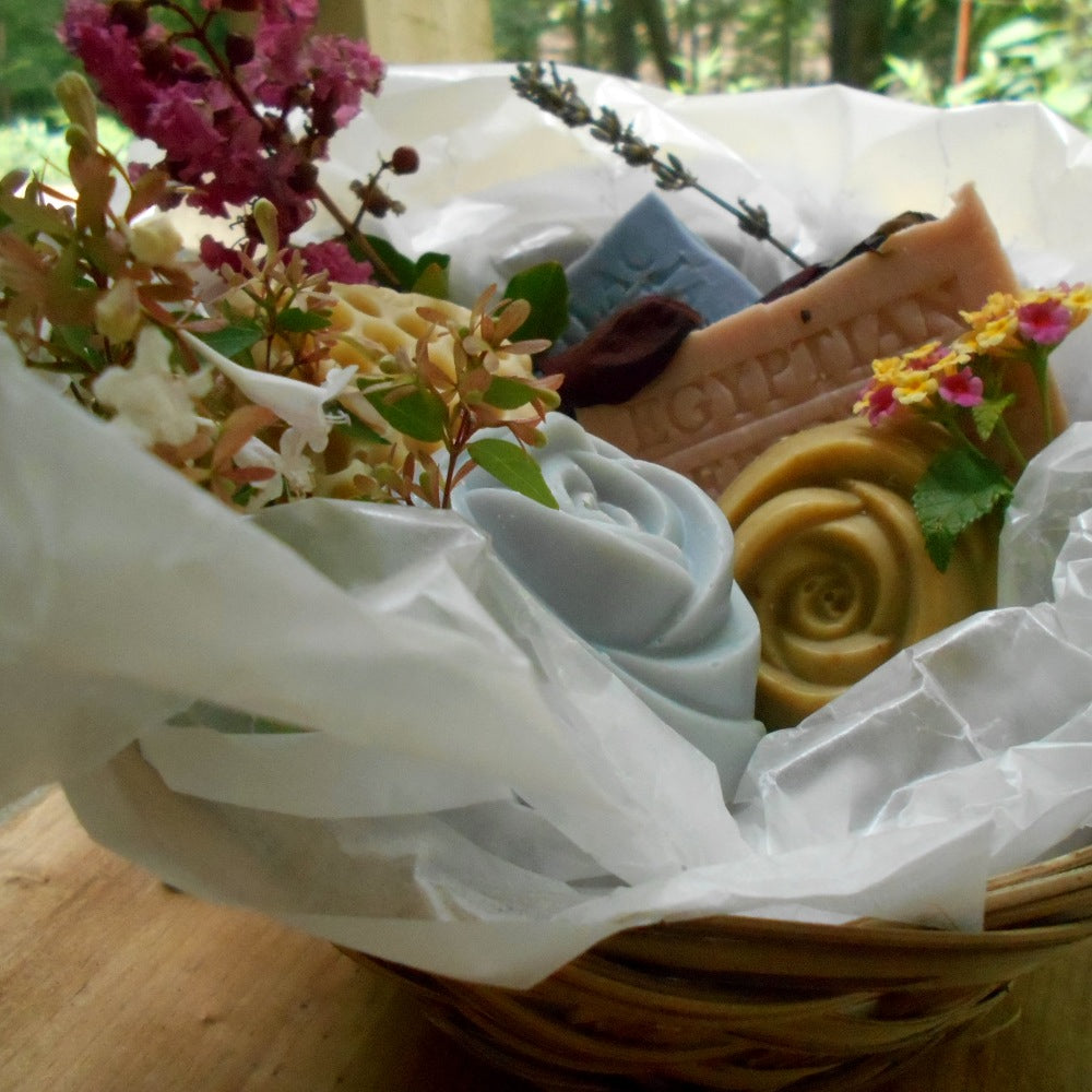 Five natural soaps on a gift basket