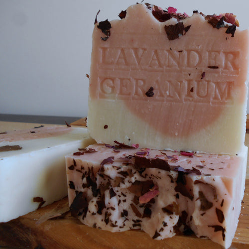 Lavender and Geranium - hand  print  with roses petals bar soap