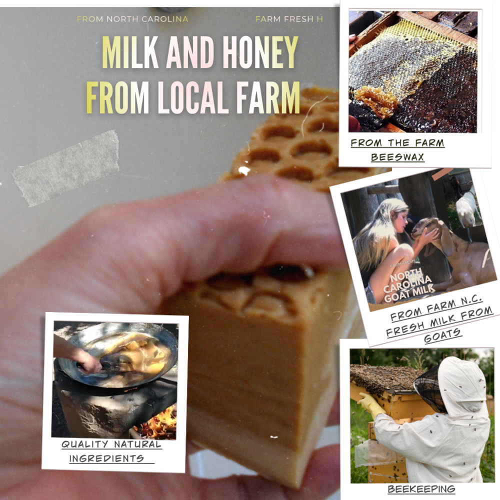A handmade rectangular bar of honey-colored soap held in a hand, with a collage of beekeeping and farm-themed photos and text reading 'MILK AND HONEY FROM LOCAL FARM..