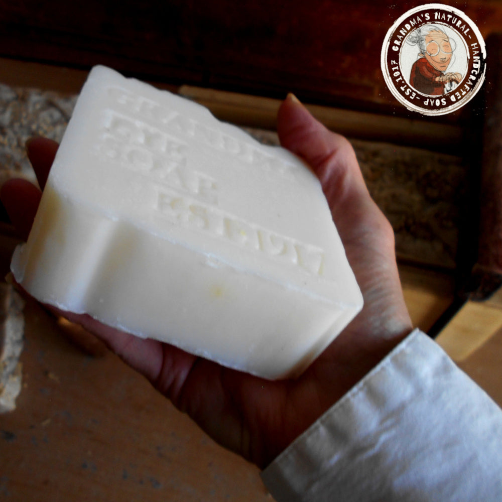 Bar of soap held in a hand with a brand logo in the corner