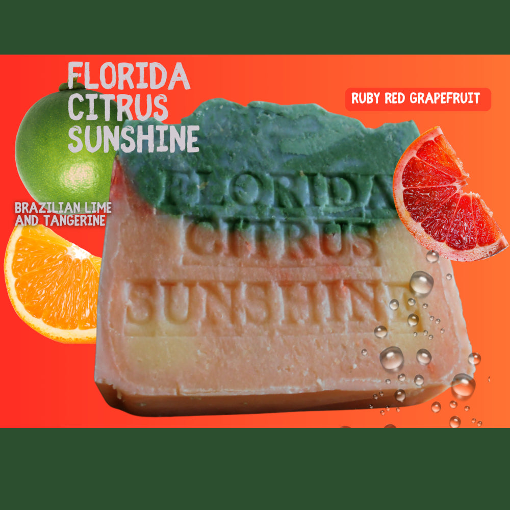 Bar of soap with 'Florida Citrus Sunshine' text, surrounded by citrus fruits on a vibrant background