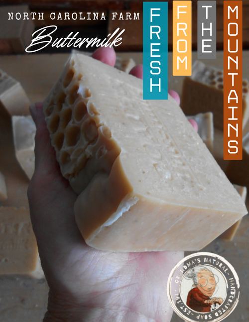 Buttermilk soap held by a hand with promotional text about North Carolina farm fresh from the mountains.