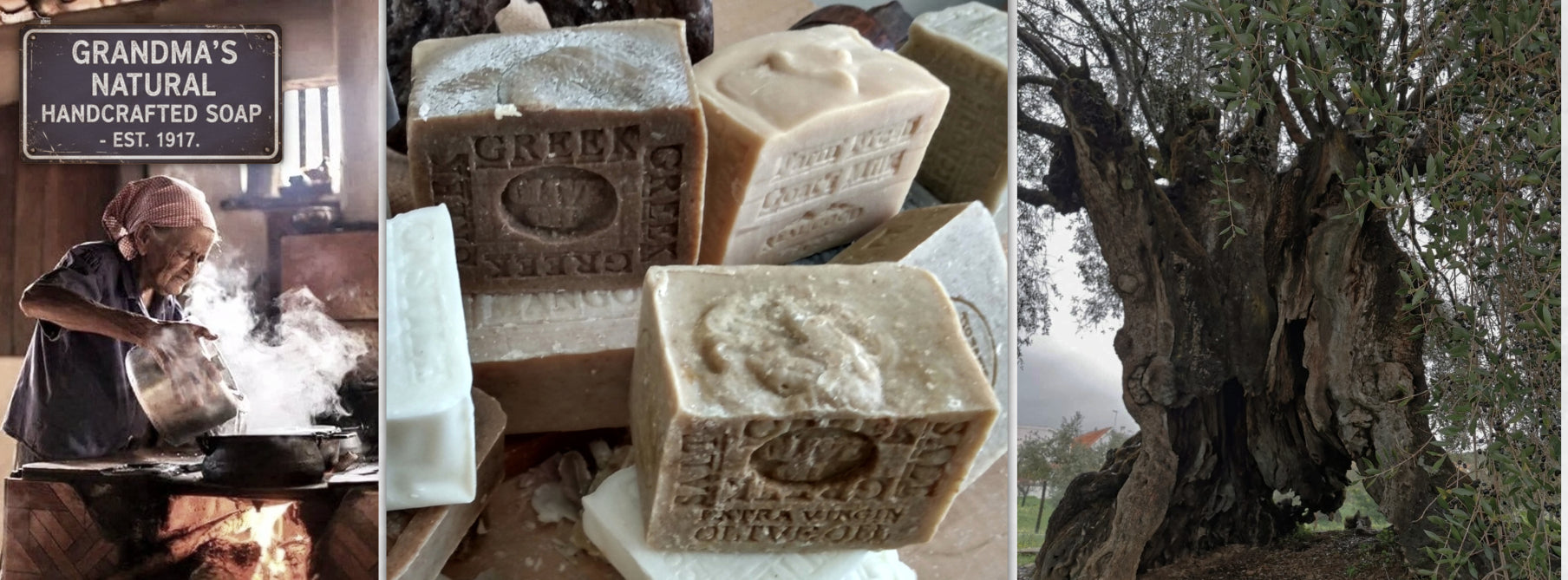 Grandma's Natural Handcrafted Soap The left panel shows a woman pouring hot water into a vat, with steam rising, under a sign reading 'GRANDMA'S NATURAL HANDCRAFTED SOAP EST. 1917