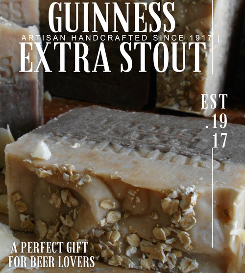 Guinness Extra Stout soap with oats on a dark background, featuring branding and text. A perfect  gift for beer lovers