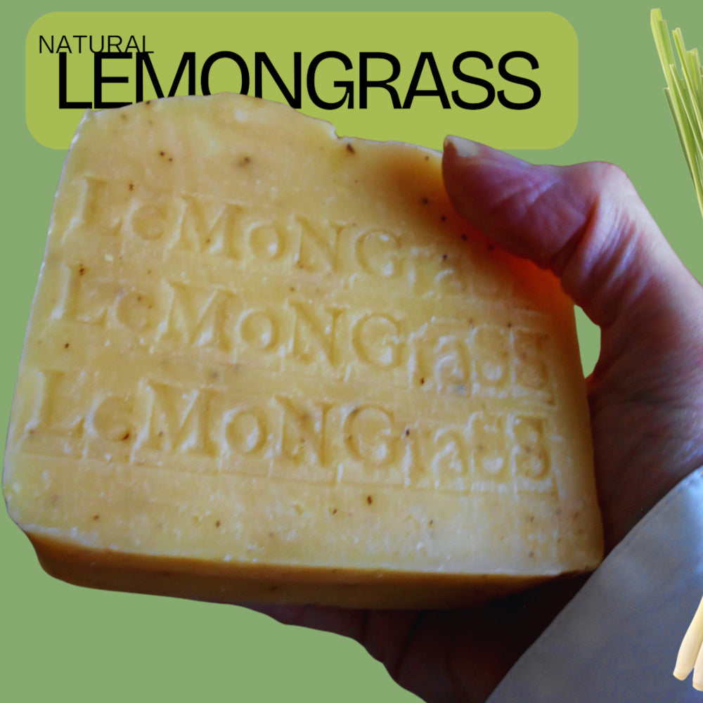 A hand holding a rectangular bar of natural lemongrass soap against a solid light green background with a text label at the top.