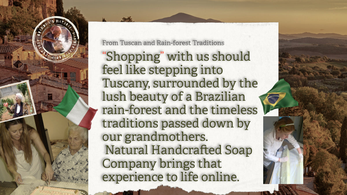 l reading a story about shopping traditions, surrounded by Tuscan and Brazilian landscape photos, flags, a circular logo, and small inset photos of people. This is not a clean product shot, not a measurement chart, swatch, or instruction diagram, and it is not scenery being sold as art; it functions as a digital promotional graphic, so subject_type is Other.