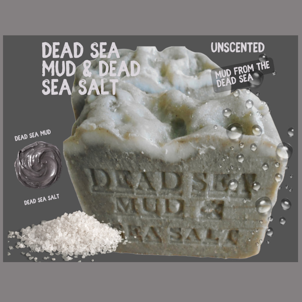 Dead Sea Mud & Dead Sea Salt bar with text on a gray background
