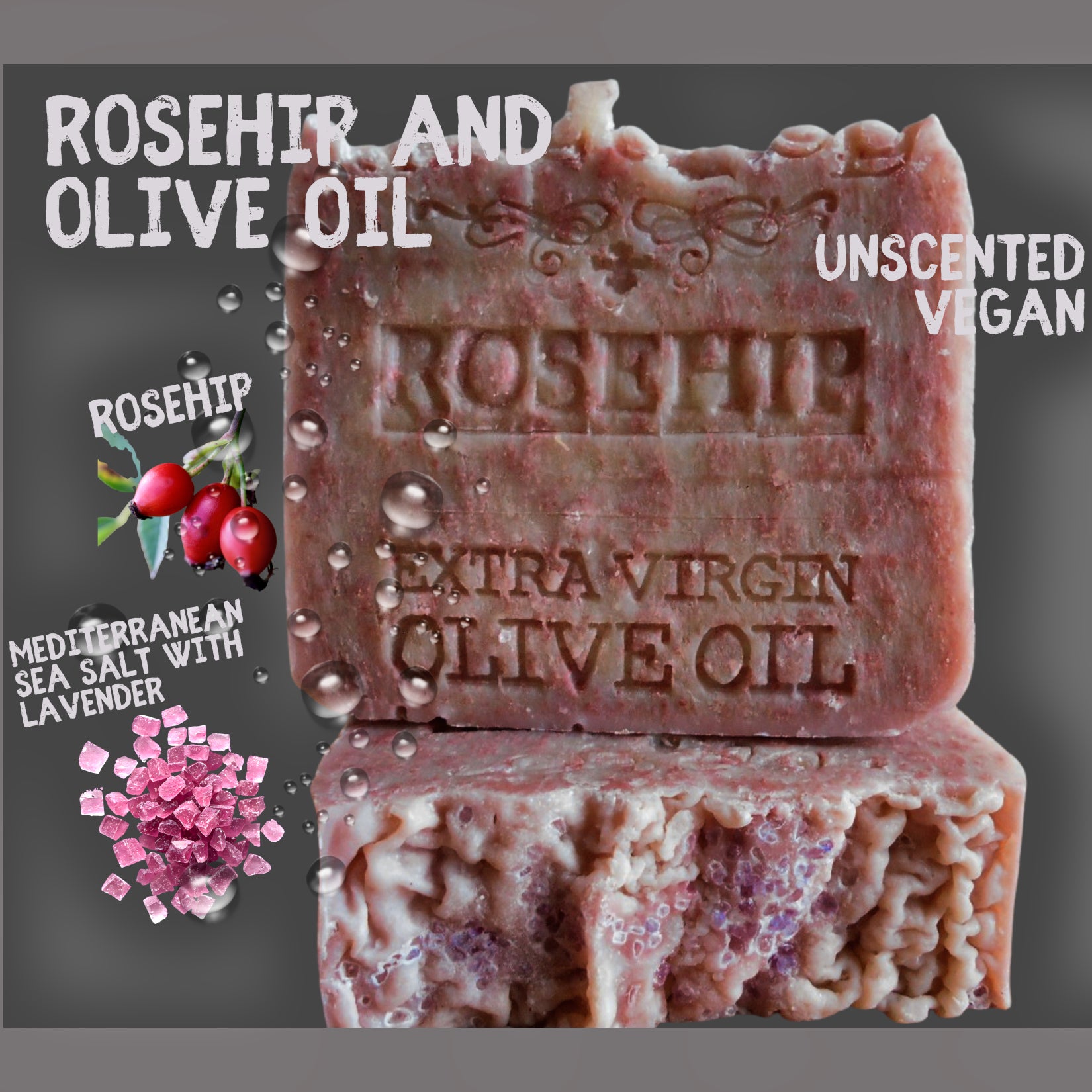 Two bars of soap with text indicating ingredients and properties on a gray background