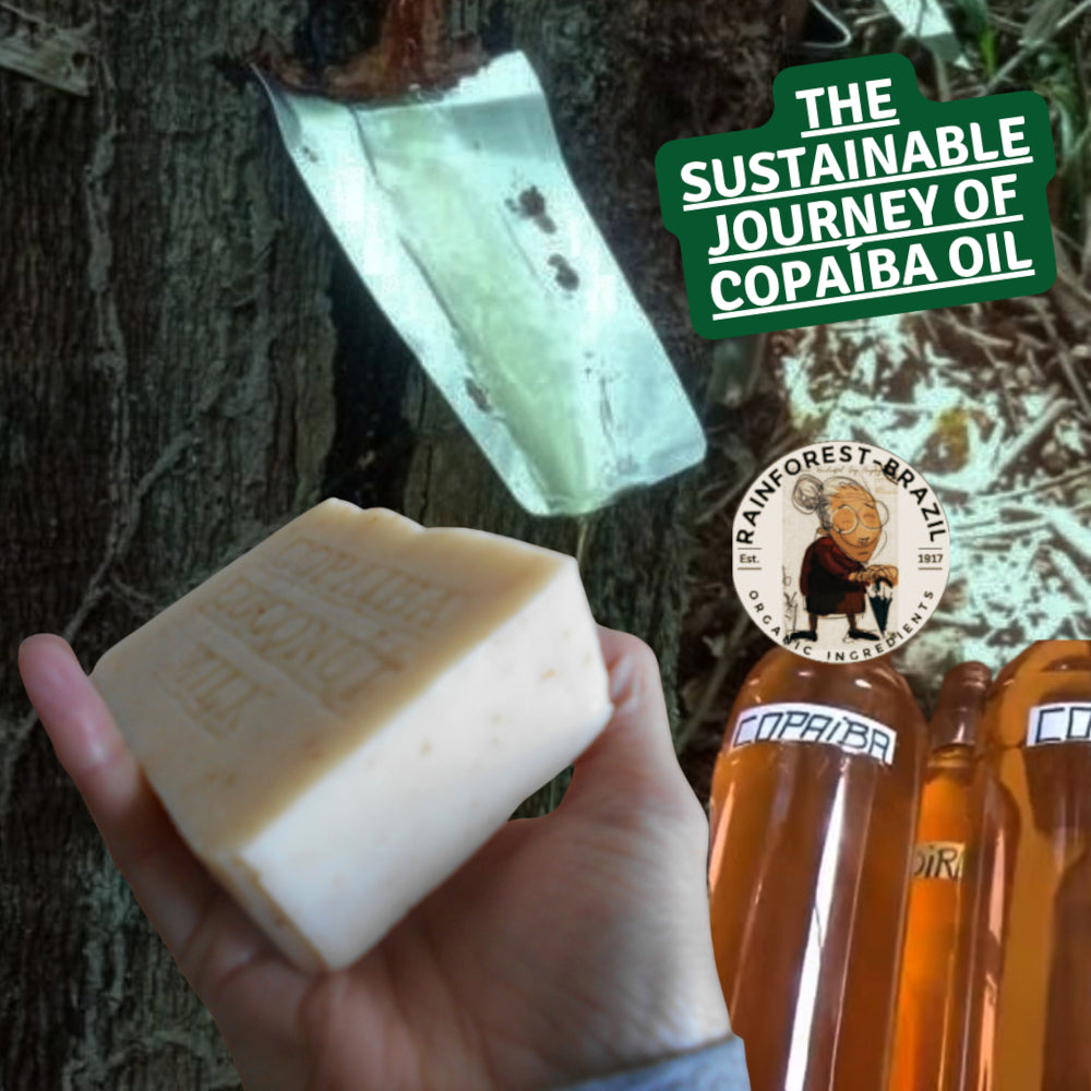A hand holds a rectangular bar of pale beige soap in front of a tree trunk, with a green text badge reading 'The Sustainable Journey of Copaiba Oil,' a circular 'Rainforest - Brazil' logo, and two amber bottles labeled Copaiba in the background.
